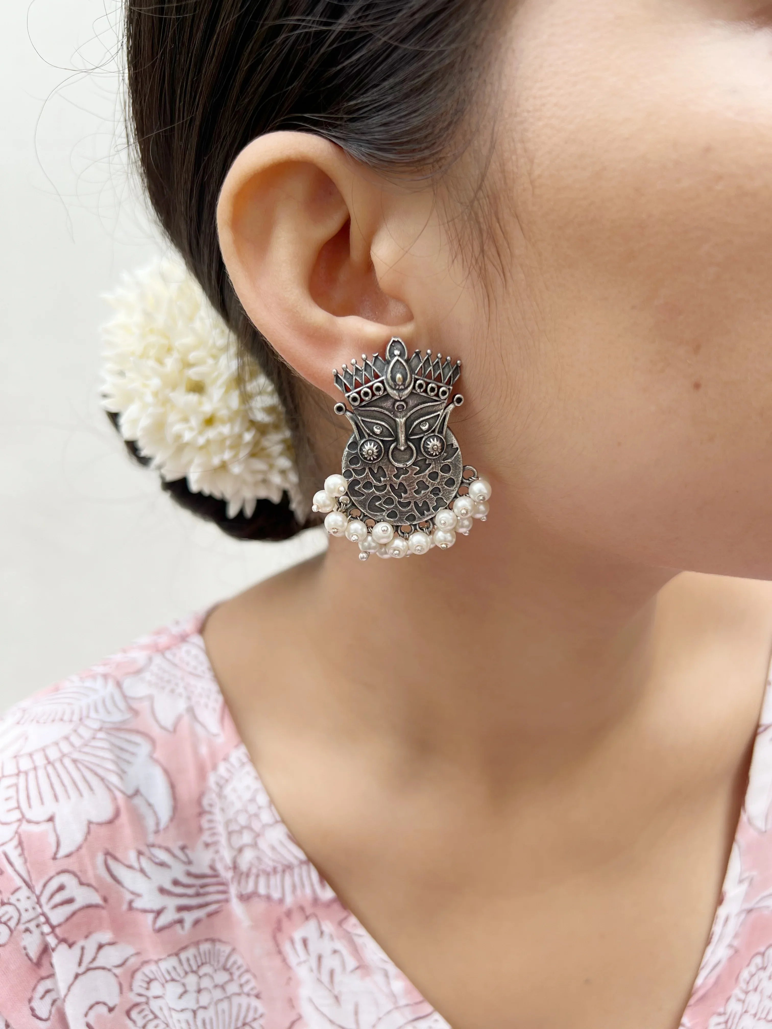 Ma Durga Pearl Studs - Jhaanjhariya
