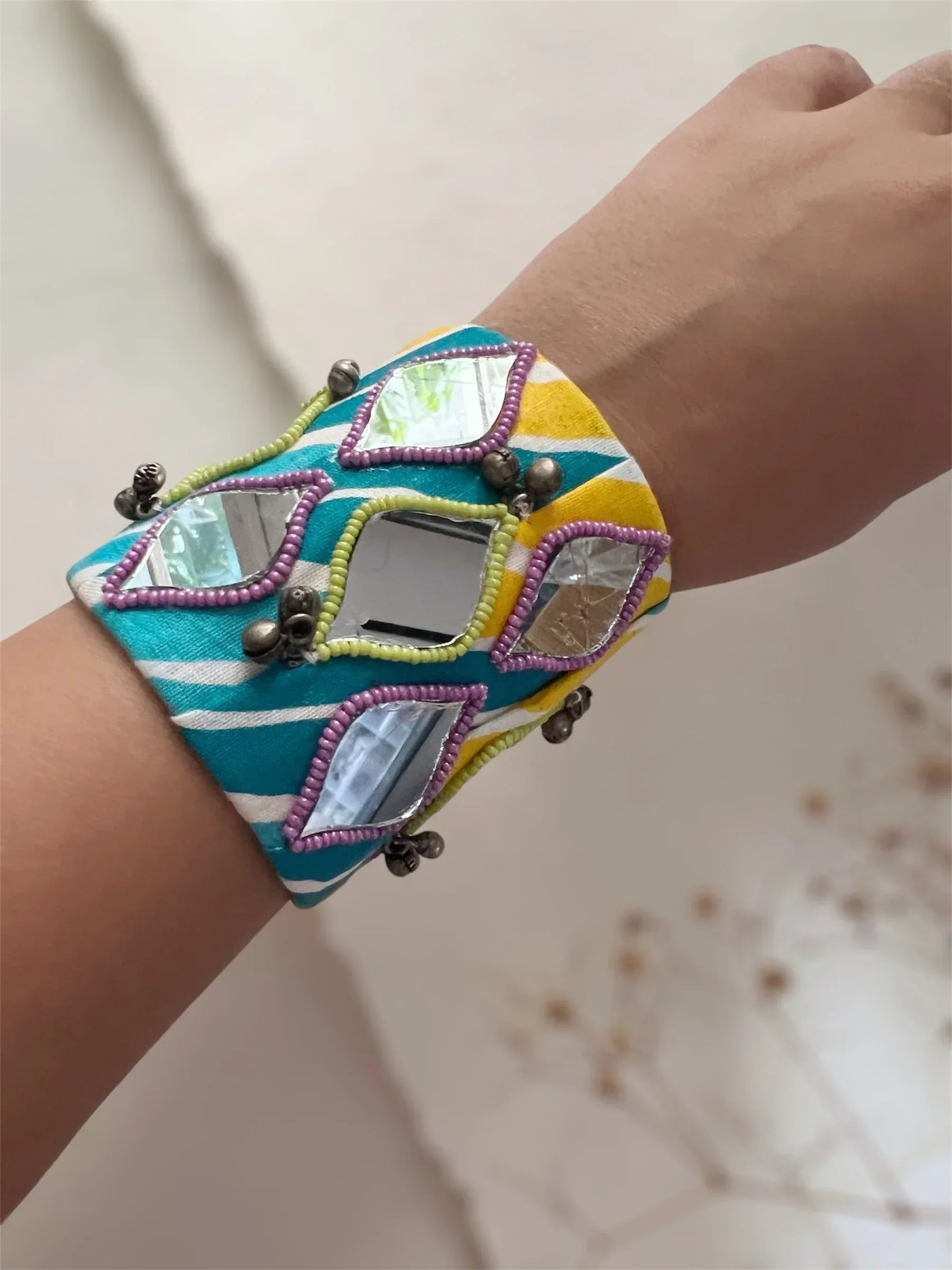 Blue Yellow Leheriya Mirror Handcuff - Jhaanjhariya
