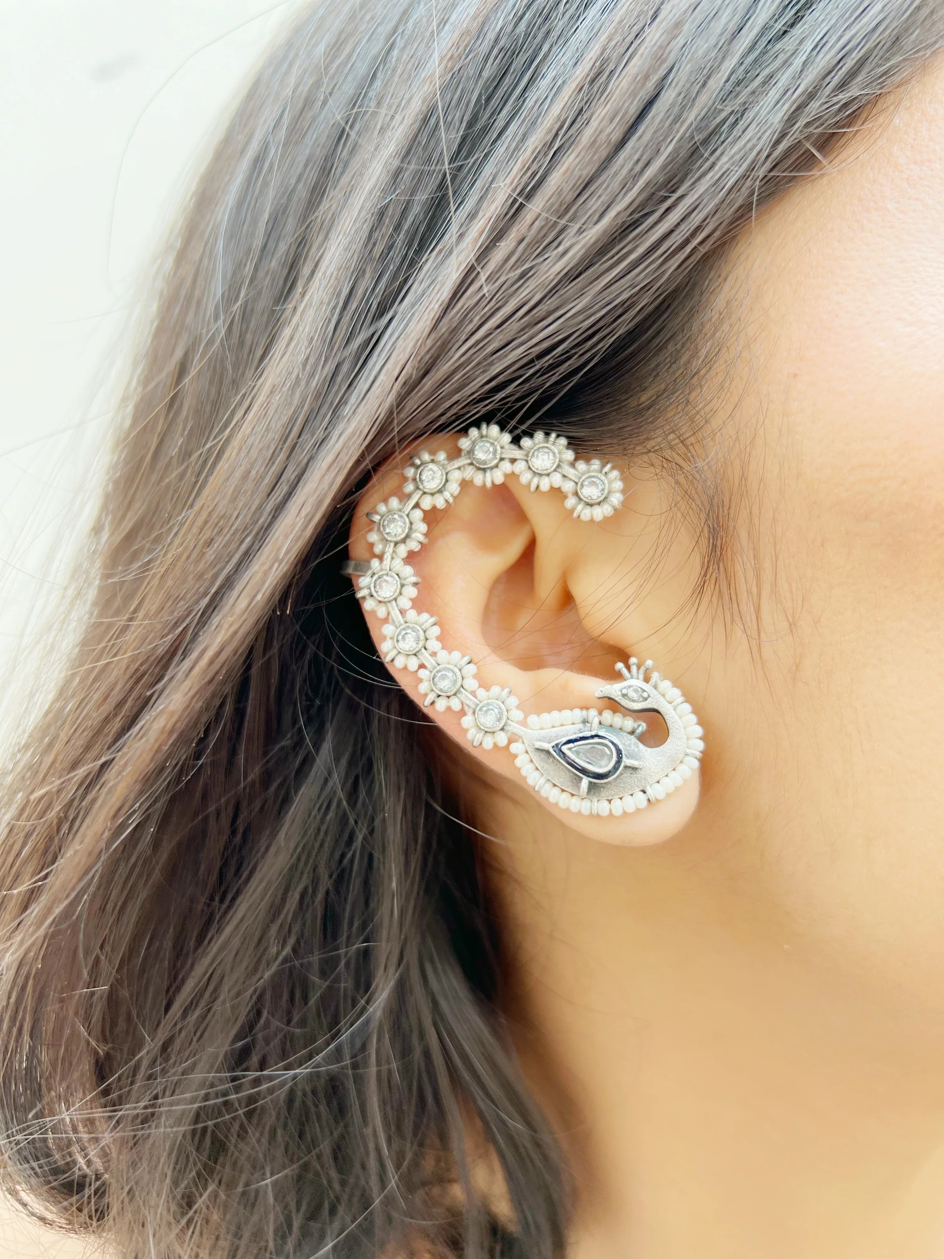 Moti Mayur Silver Earrings (SET OF TWO) - Jhaanjhariya